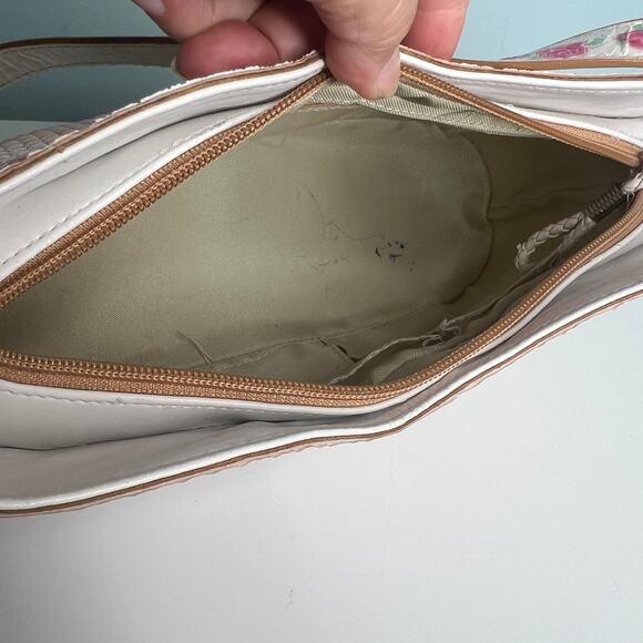 Cee Klein Purse Ivory Leather Basketweave Shoulder Bag Embossed Pink Roses - Picture 10 of 13